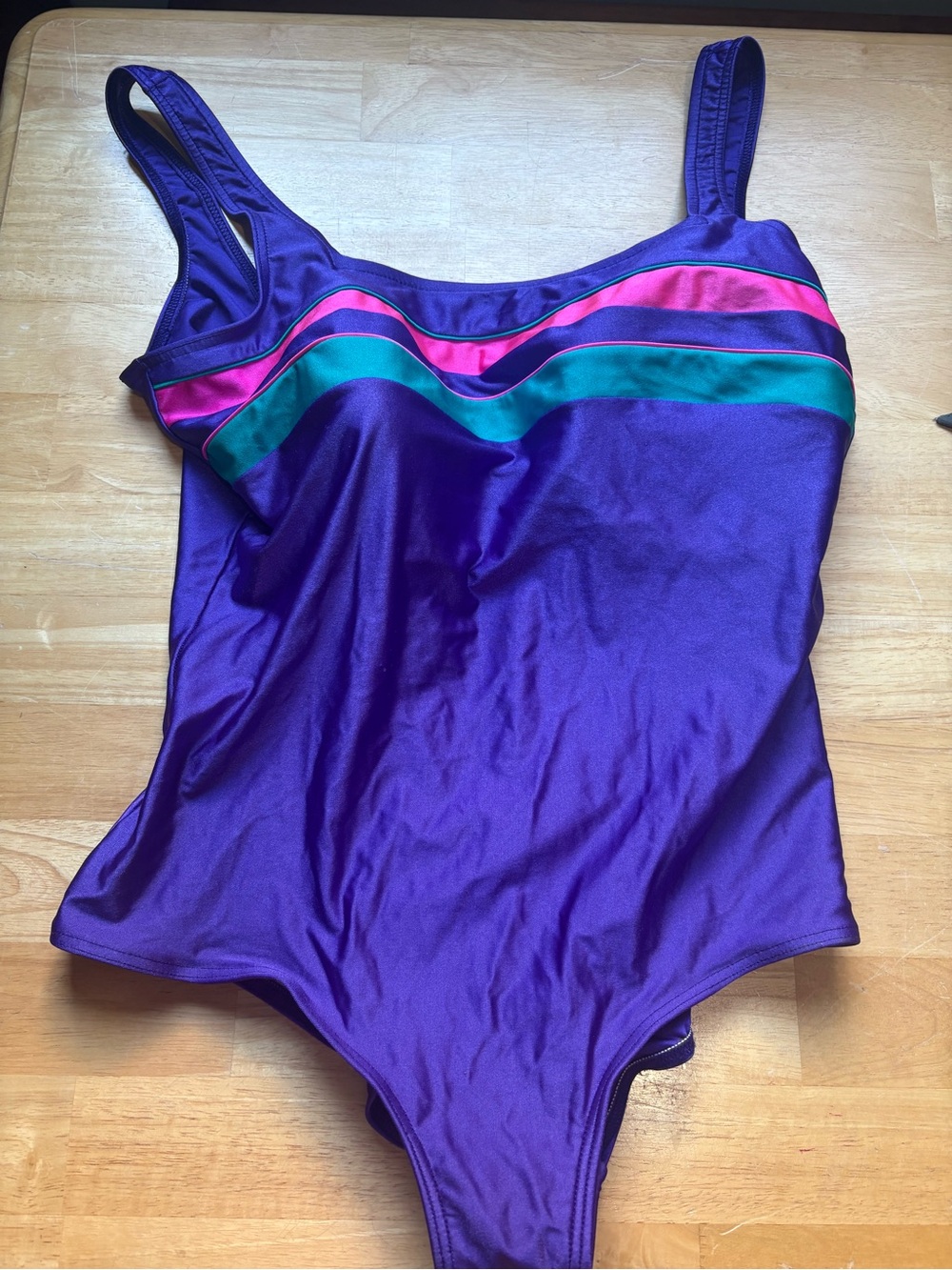 Purple One-Piece Swimsuit with Pink and Teal Stripes retro / vintage